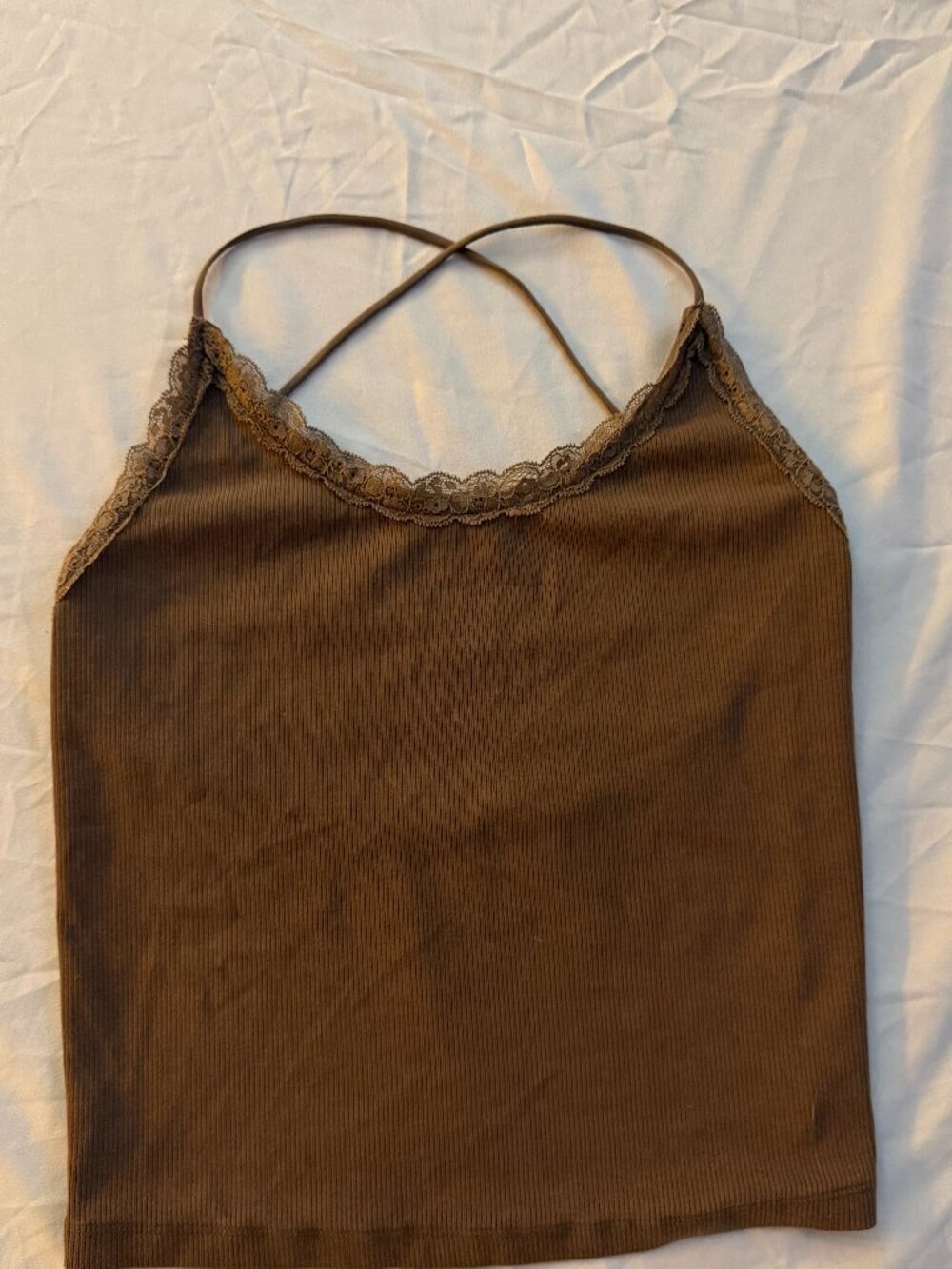 American Eagle Brown Lace Trim Ribbed Cami Tank Top